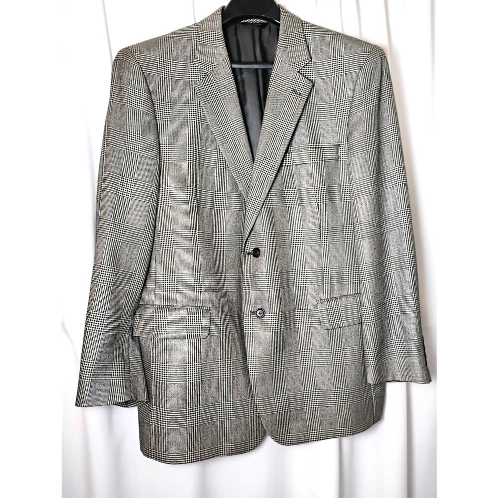 Jos A Bank Signature Mens 44R Black White Glen Plaid Silk Camel Hair Blazer
